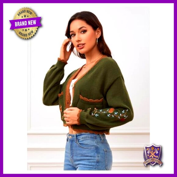 Floral Embroidered Cropped Cardigan, Loose Fit, V-Neck, Button Front, Fall - Picture 3 of 7